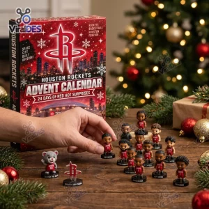 Front view of Houston Rockets Basketball Advent Calendar box with miniature figurines on wooden table.