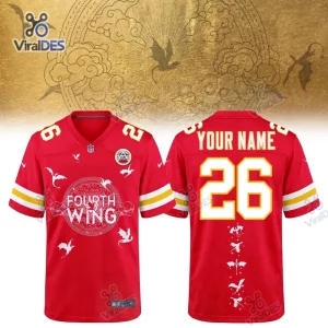 Front and back view of a red custom football jersey featuring Fourth Wing text and dragon graphics.