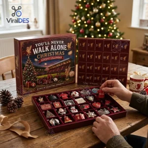 Front view of Liverpool FC Advent Calendar 2026 open with collectible ornaments displayed inside.