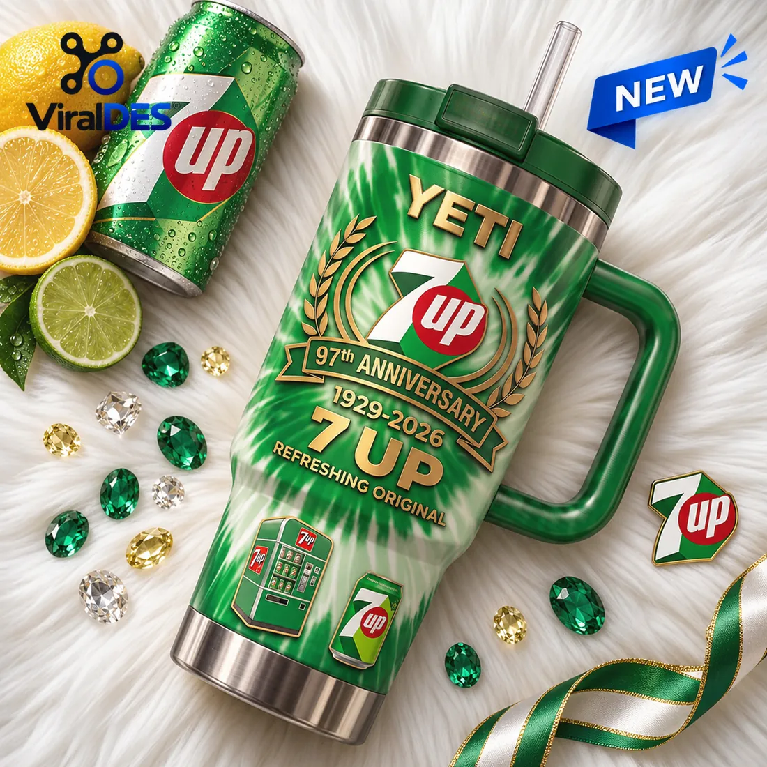 Lifestyle tabletop view of the Yeti 7Up 97th Anniversary Handle Tumbler surrounded by fresh lemons and limes