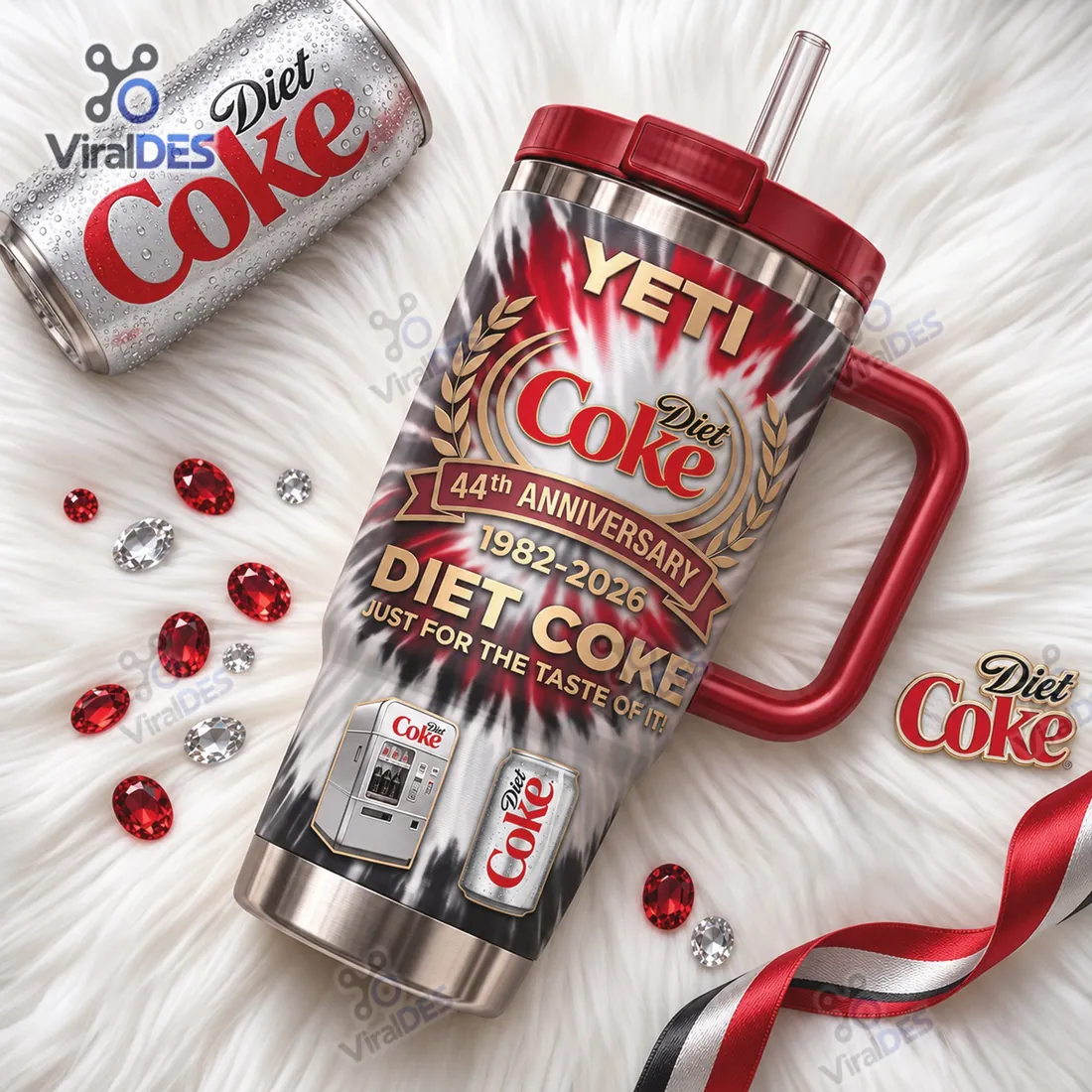 YETI Diet Coke 44th Anniversary Handle Tumbler flat lay showing retro vending machine and silver can graphics