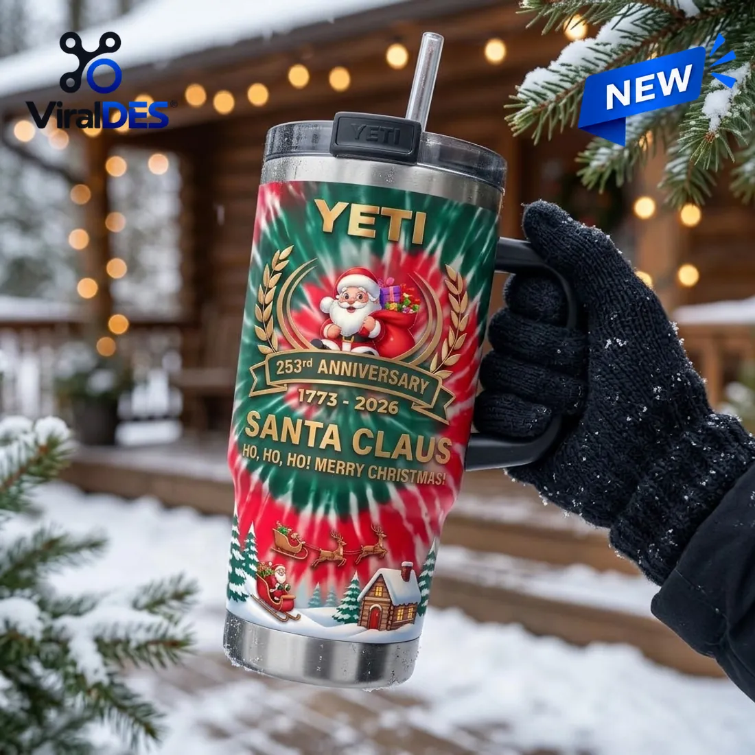Yeti Santa Claus 253rd Anniversary Handle Tumbler on kitchen countertop