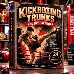 Front view of Kickboxing Shorts Christmas Ornaments Advent Calendar box with red and black athletic imagery.