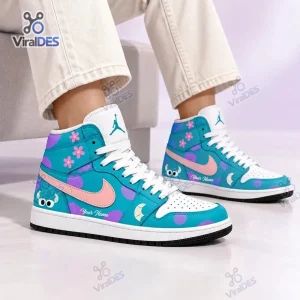 Lifestyle view of Blue Purple Monster Custom High Top Sneakers worn with light pants.