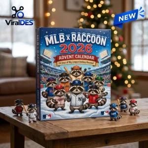Front view of the MLB x Raccoon 2026 Advent Calendar box featuring cartoon raccoons in baseball uniforms.
