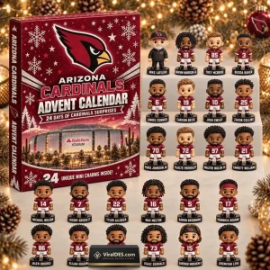 Front view of an Arizona Cardinals 2026 Advent Calendar box alongside twenty-four mini figurines.