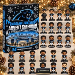 Front view of the Carolina Panthers 2026 Advent Calendar box alongside 24 miniature player figurines.
