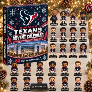Front view of Houston Texans NFL 2026 Advent Calendar box alongside twenty-four player figurines.