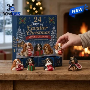 Hand placing a collectible Cavalier King Charles Spaniel figure from a holiday advent calendar box.