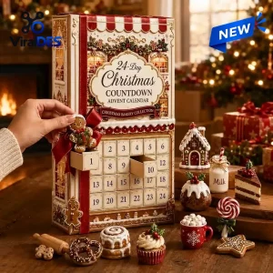 Front view of a 24-Day Christmas Bakery Collection Advent Calendar with drawers opening and holiday treats around it.