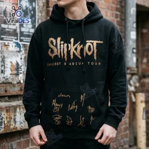 Front view of a person wearing a Slipknot Sicest Stadium Tour black hoodie with gold tour graphics.