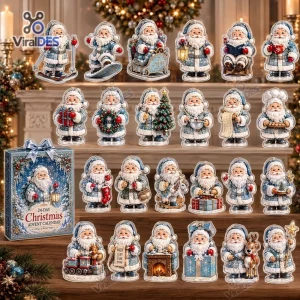 Front view of Santa Claus Snow Globe Advent Calendar featuring twenty four blue cloaked figures.