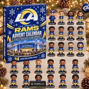 Front view of Los Angeles Rams 2026 Advent Calendar box alongside twenty-two player figurines.