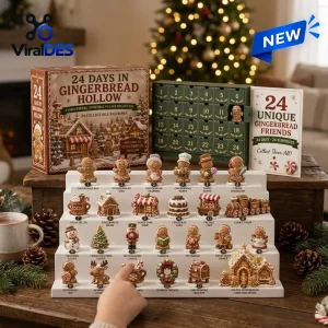 Front view of Gingerbread Hollow Christmas Countdown Advent Calendar displaying figurines on shelves.