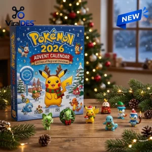 Front view of Pokemon 2026 Christmas Advent Calendar box with numbered doors and miniature figures displayed on a wooden table.