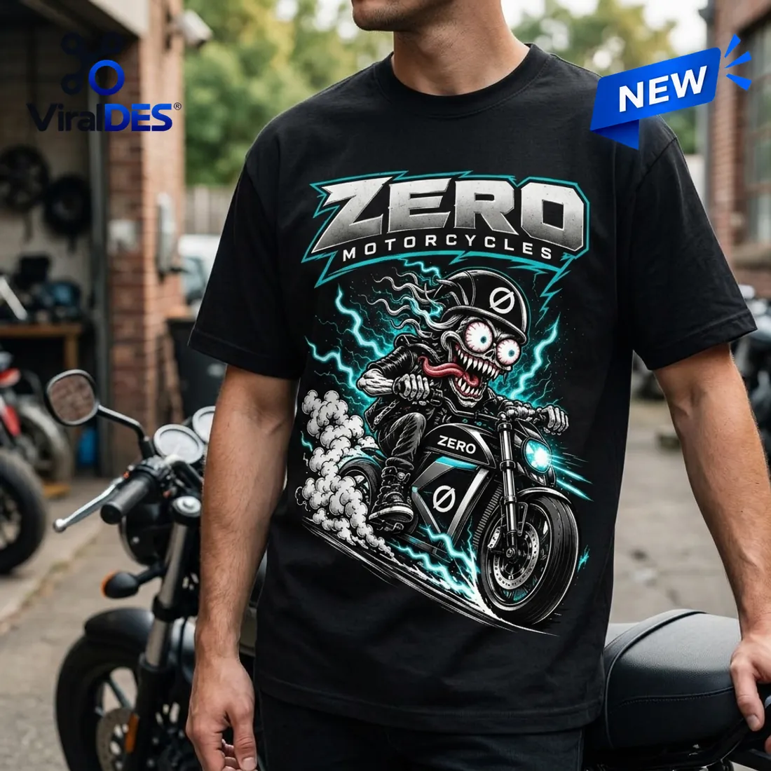 Front view of the Zero Motorcycles Halloween Shirt 2026 featuring a skeleton riding a motorcycle with electric blue lightning.