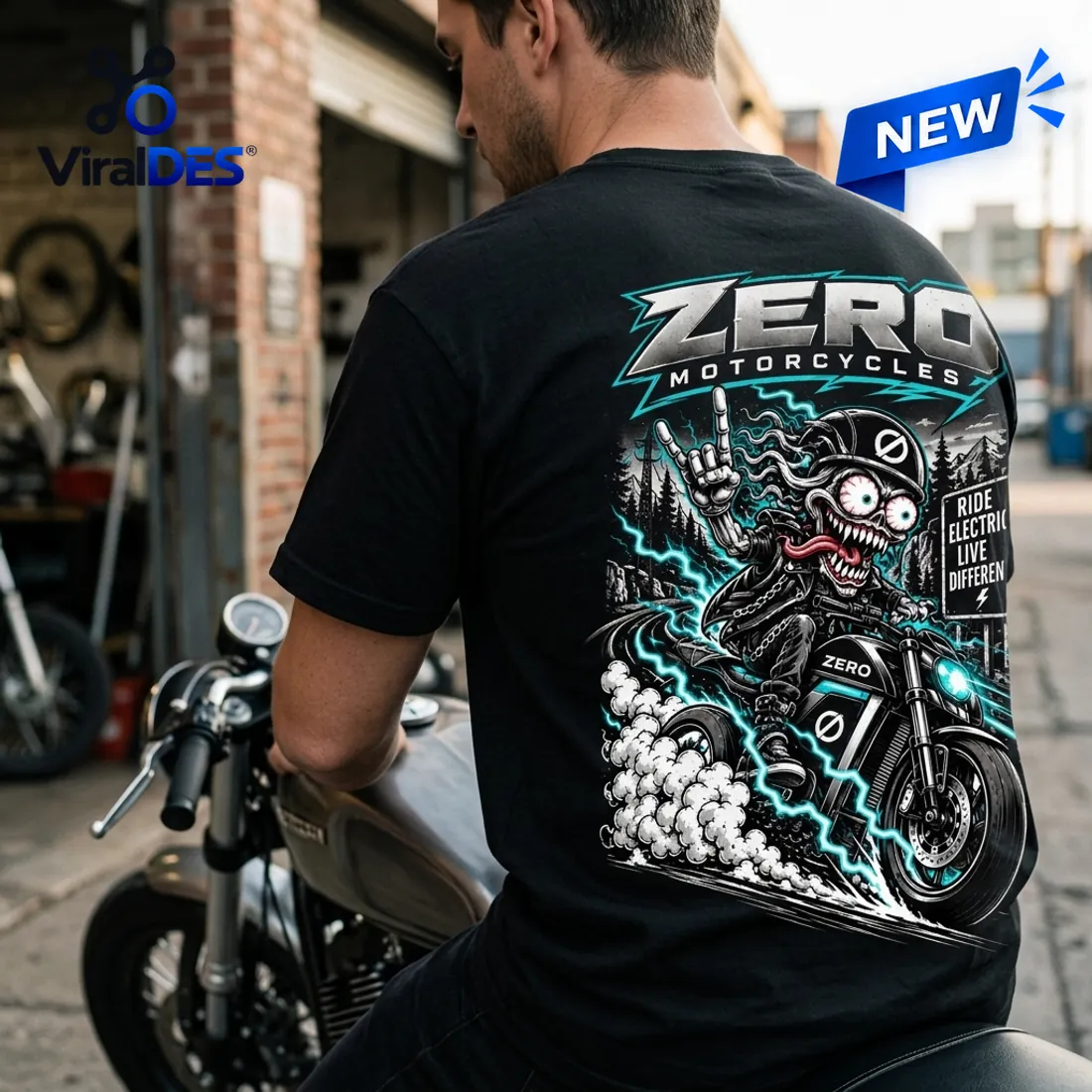 Back view of a Zero Motorcycles Halloween Shirt 2026 featuring a skeleton riding a motorcycle.