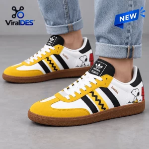 On-feet view of Peanuts Snoopy Charlie Brown Zigzag Adidas Samba Shoes with yellow and white panels.