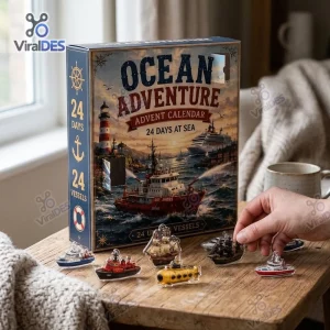 Front view of Ocean Adventure Ship Advent Calendar box with miniature toy boats arranged on a wooden table.