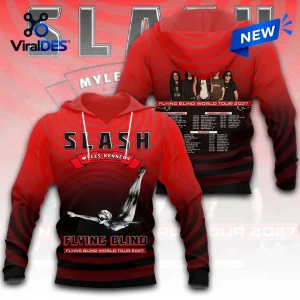 Front and back view of a red hooded sweatshirt featuring tour graphics for the Slash Myles Kennedy World Tour 2027.