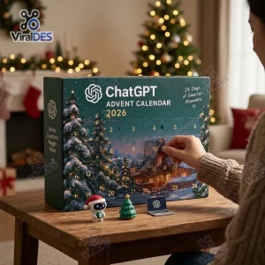 Person opening door 10 of a dark blue ChatGPT Advent Calendar 2026 on a wooden table.