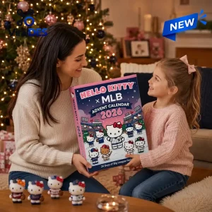 A woman and a girl holding an MLB x Hello Kitty 2026 Advent Calendar in a holiday setting.