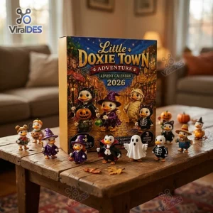 Front view of the Little Doxie Town 2026 Halloween Advent Calendar box with miniature toy figures displayed on a wooden table.