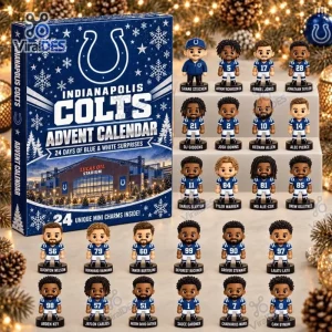 Front view of an Indianapolis Colts 2026 Advent Calendar box alongside 24 mini player figurines.